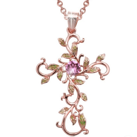 Fashion Jewelry Jewelry - Rosegold Cross Gem Necklace Rosegold Tone